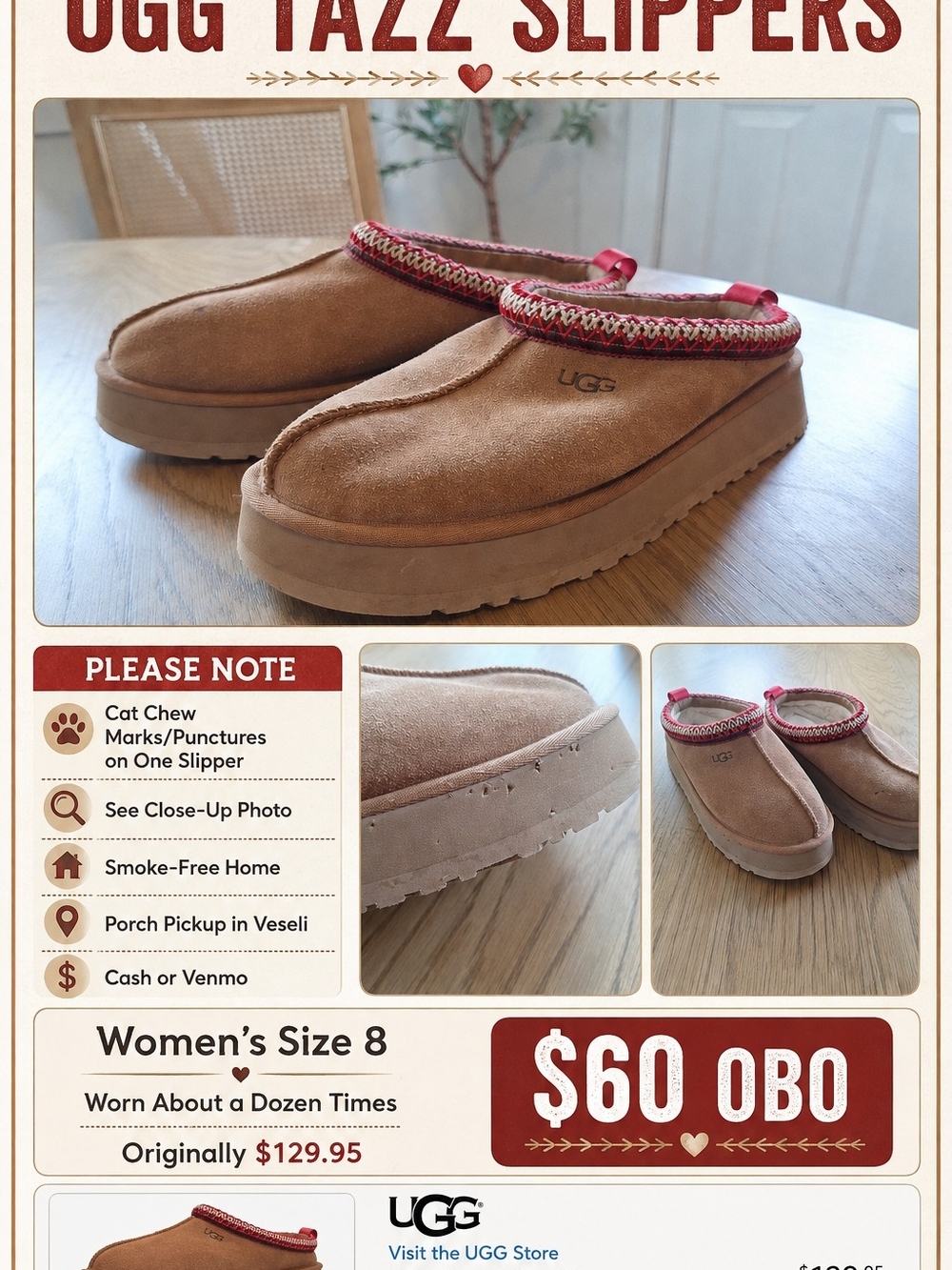 UGG Women’s Tazz Mule Slippers - Chestnut with Pink Trim